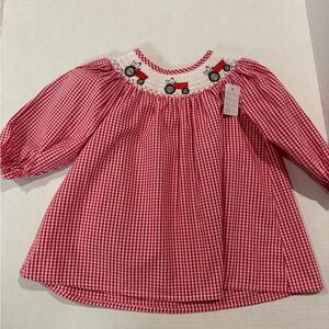 Marie Nicole XXS Red and White Smocked Dress with Tractor. NWT.
